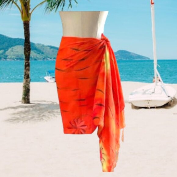 Gorgeous Hand Painted X Large Tropical Vibrant Orange Pareo Sarong - Picture 3 of 6